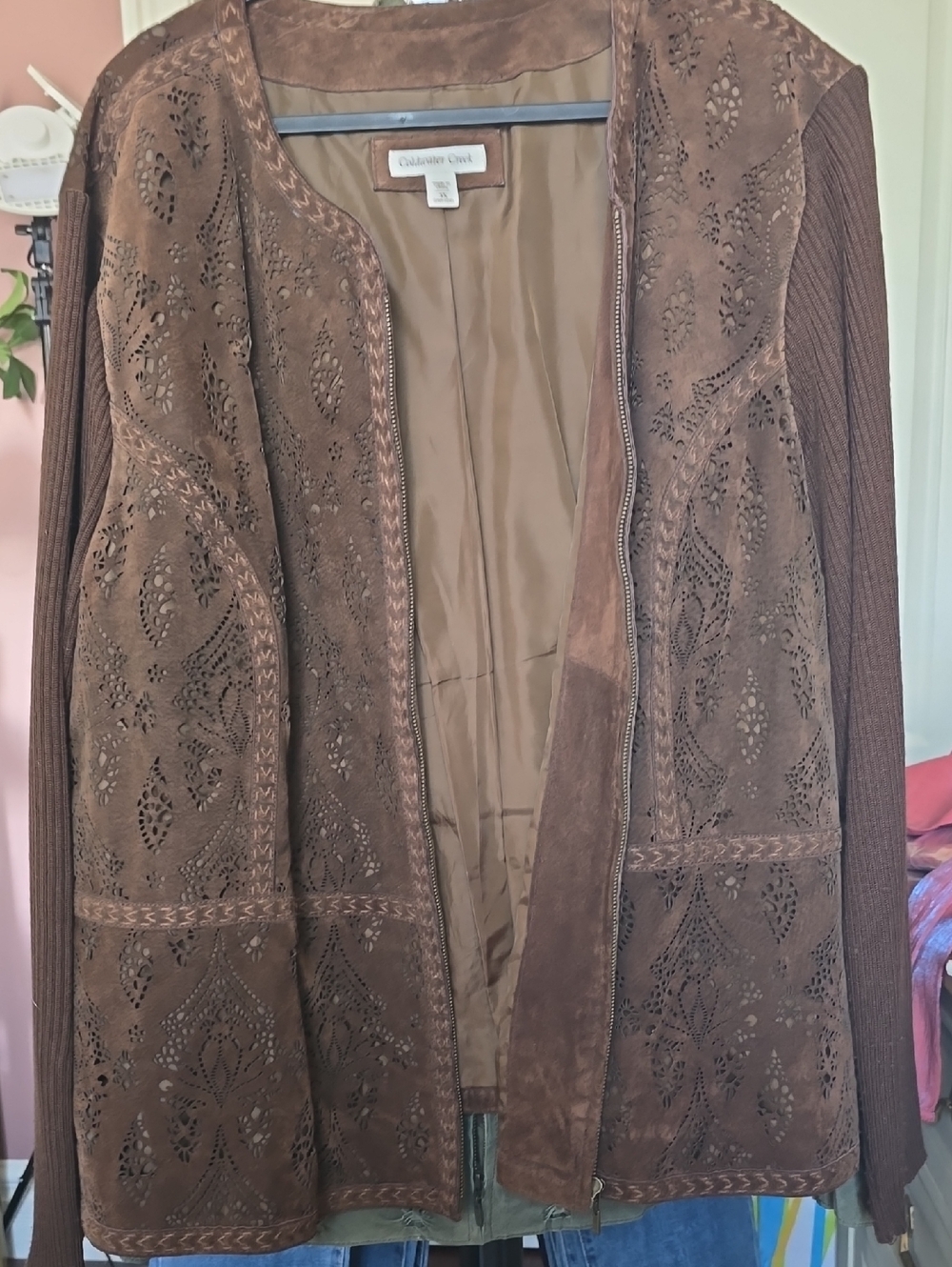 Coldwater Creek Brown Suede Laser-Cut Jacket with Knit Sleeves